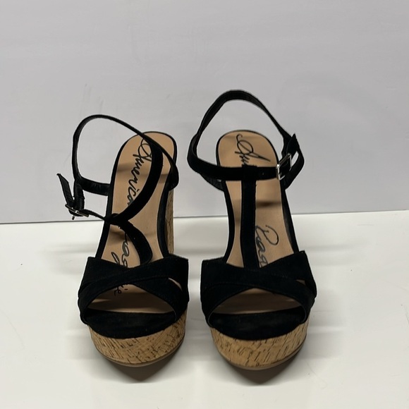 American Rag Cie Platform Sandal Size 9  Black Buckle Ankle Strap Cork 5” heel - Picture 6 of 10